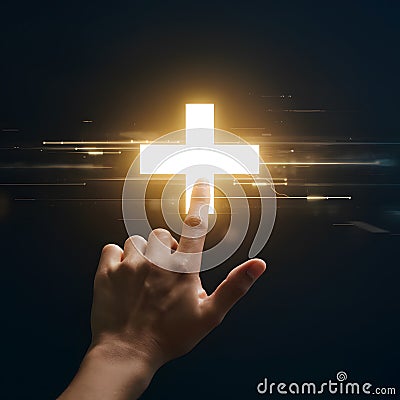 Hand pointing to glowing plus sign in dark background, futuristic interaction with virtual interface Stock Photo