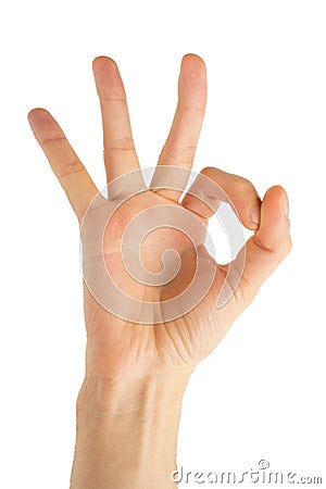Hand pointing up okay, yes, accepting hand sign, studio isolated Stock Photo