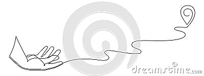 Hand points location at map one line art,hand drawn continuous contour,trendy palm template direction, gps navigation concept. Vector Illustration