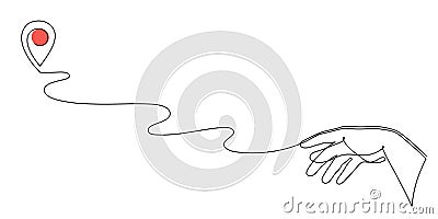 Hand points location at map one line art,hand drawn continuous contour,trendy palm template direction, gps navigation concept. Vector Illustration
