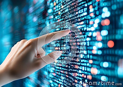 A hand points towards a vibrant digital screen, illuminated with streams of multicolored data. The futuristic display Stock Photo