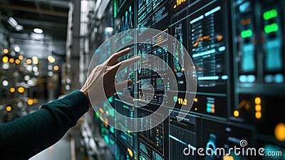 A hand poised to touch a section of an interactive data dashboard where live energy consumption metrics and machine Stock Photo