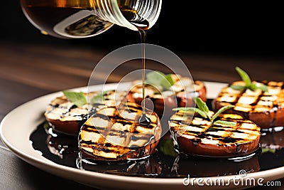 hand pouring balsamic reduction on grilled pear slices Stock Photo