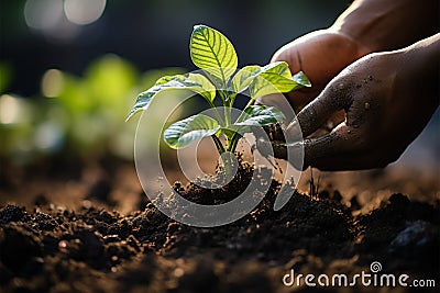 Hand pouring black soil on green bokeh background Planting a small plant on a pile of soil Stock Photo