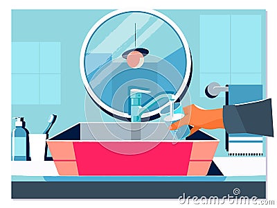 Hand pouring a glass of water from filter tap.Cup of purified water holding in hand. Vector illustration flat design Vector Illustration