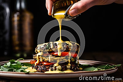 hand pouring mustard on a grilled veggie burger Stock Photo