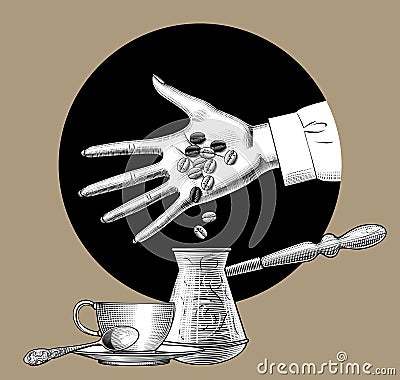 Hand pours coffee beans into a cezve near a cup with a spoon Vector Illustration