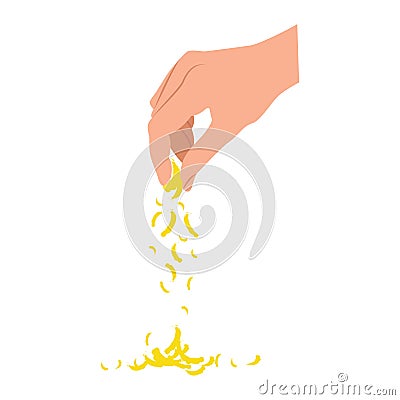 Hand pours grated cheese. The man's hand holds some cheese and the pieces fall down. Vector template Vector Illustration