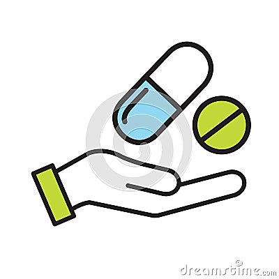 Hand with prescription drugs - pill tablets & capsules Vector Illustration