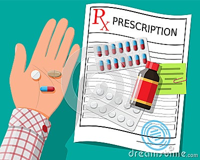 Hand, prescription rx, pills, capsules for illness Vector Illustration