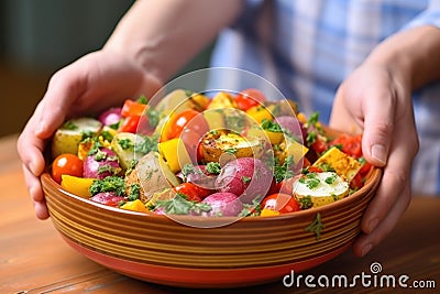 hand presenting a colorful bowl of potato salad Stock Photo
