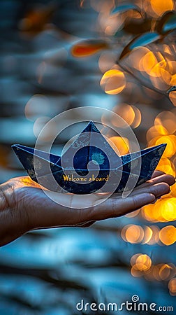 Hand presenting a paper boat with the message Welcome aboard against a blue background, symbolizing new beginnings and Stock Photo
