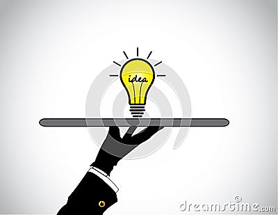 Hand presenting sharing of bright yellow idea solution lightbulb. Vector Illustration