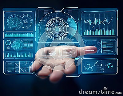 hand presents a transparent digital interface with various data visualizations Stock Photo