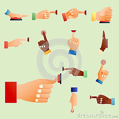 Hand press red button finger press control push pointer gesture human body part vector illustration. Vector Illustration