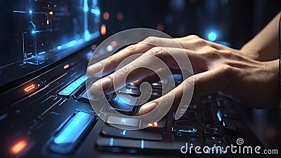Hand presses buttons on a computer Stock Photo