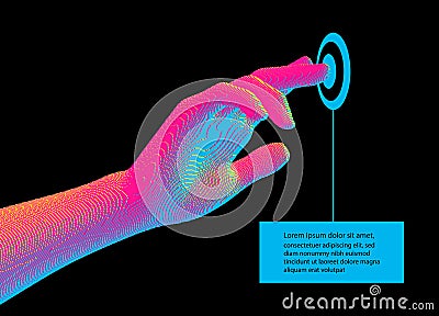 The hand presses the index finger on the button a virtual interface. Technologies of the future. Connection structure. 3D vector Cartoon Illustration