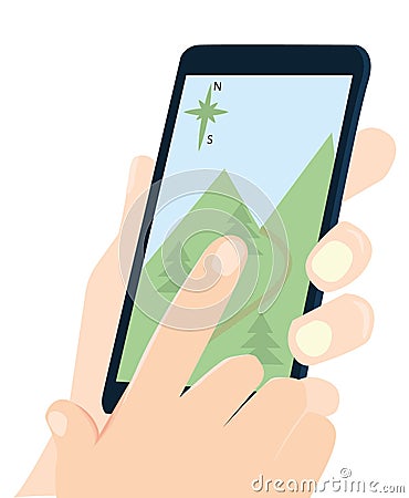 Hand presses the screen of the phone. Navigator in the phone. Hiking in the mountains with a navigator. Vector Illustration