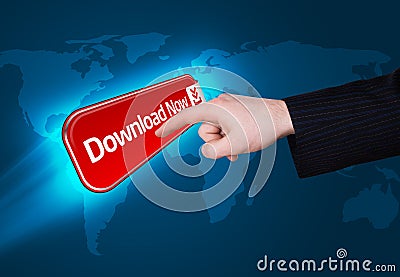 Hand pressing download now button Stock Photo