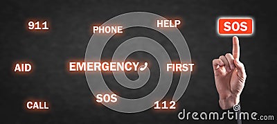 Hand pressing SOS button. Emergency, Call, Help Stock Photo