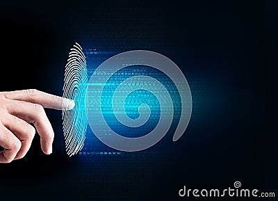 Woman pressing on virtual button with dactyloscopy scanner. Stock Photo