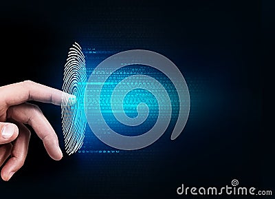 Woman pressing on virtual button with dactyloscopy scanner. Stock Photo