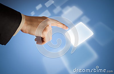 Hand pressing virtual button on touchscreen Stock Photo