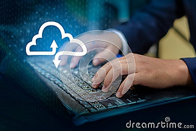 Hand print keyboard Press enter button on the computer hand businessman connect Cloud collect data Cloud computing concept busing Stock Photo