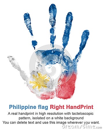 Hand print of the right hand in the colors of the flag of Philippines, red-blue-white flag with yellow sun Stock Photo