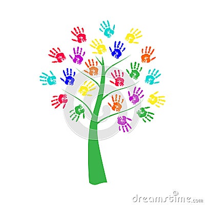 Hand print tree with colorful leaves. Vector hand-drawn illustration. Vector Illustration