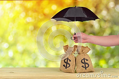 A hand protect Group of US dollar bag concept of protection risk development, wealth management and long term monetary Stock Photo