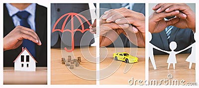 Composite image of hand protecting a family in paper Stock Photo