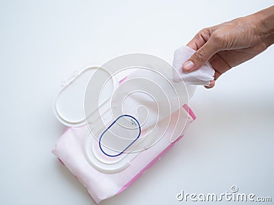 Hand Pull Baby Wipes,Antibacterial Napkins in Open Pack Wet Tissue for Clean in Toilet,Hygiene Medicinen Sanitary Stock Photo