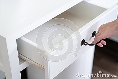 Hand Pull Open Drawer white Wooden Stock Photo