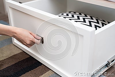 Hand Pull Open Drawer Wooden, pillow inside. Stock Photo