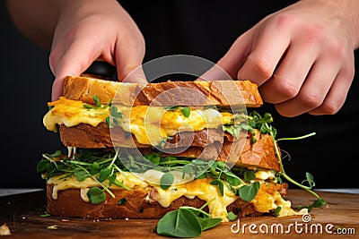 hand pulling apart a cheesy omelette sandwich demonstrating the melted cheese Stock Photo