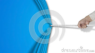 Hand pulling open blue curtain with blank white background Stock Photo