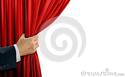 Hand pulling stage red curtain Stock Photo