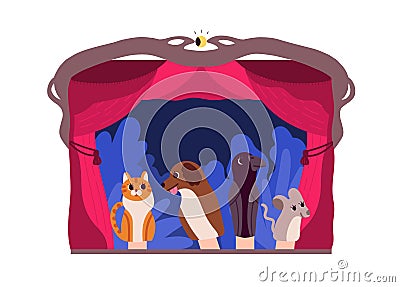 Hand puppets or animals manipulated by puppeteer at theater stage isolated on white background. Entertaining performance Vector Illustration