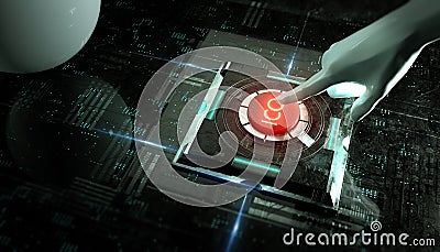 Hand push ICO launch red button in abstract virtual tech background. initial coin offer 3d render concept illustration Stock Photo