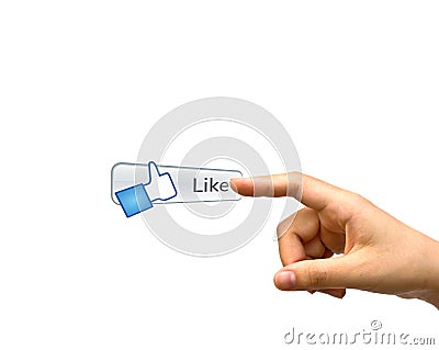 Hand pushing a Like button Stock Photo