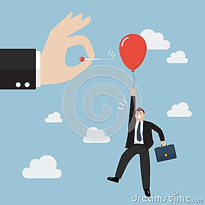 Hand pushing needle to pop the balloon of rival Vector Illustration