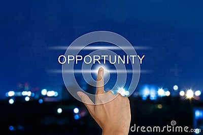 Hand pushing opportunity button on touch screen Stock Photo