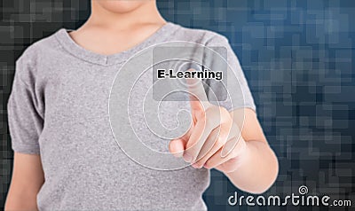 Hand pushing a search button to find e-learning word Stock Photo