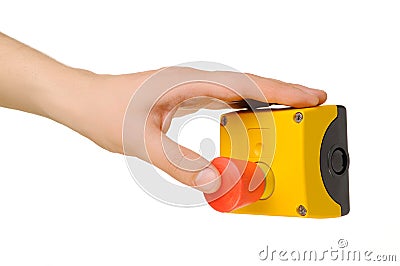 Hand pushing stop button Stock Photo