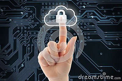 Hand pushing virtual cloud security button Stock Photo