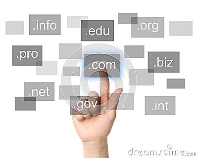 Hand pushing virtual domain name Stock Photo