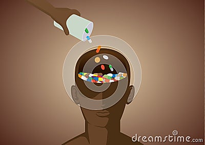 Hand put many medicine in human head. Vector Illustration