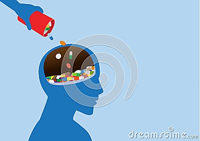 Hand put many medicine in human head. Vector Illustration