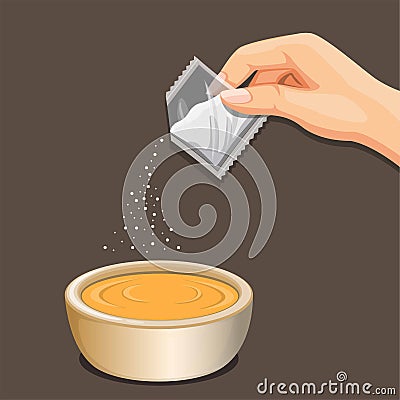 Hand put seasoning powder sachet to food bowl. cooking instruction symbol illustration vector Vector Illustration